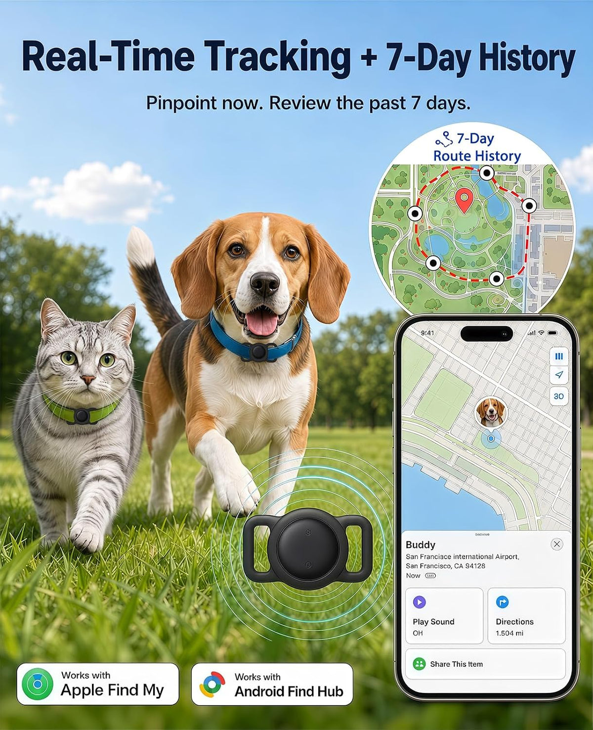 GPS Tracker for Dogs and Cats, iOS & Android, Real-Time Tracking (Pearl Black)