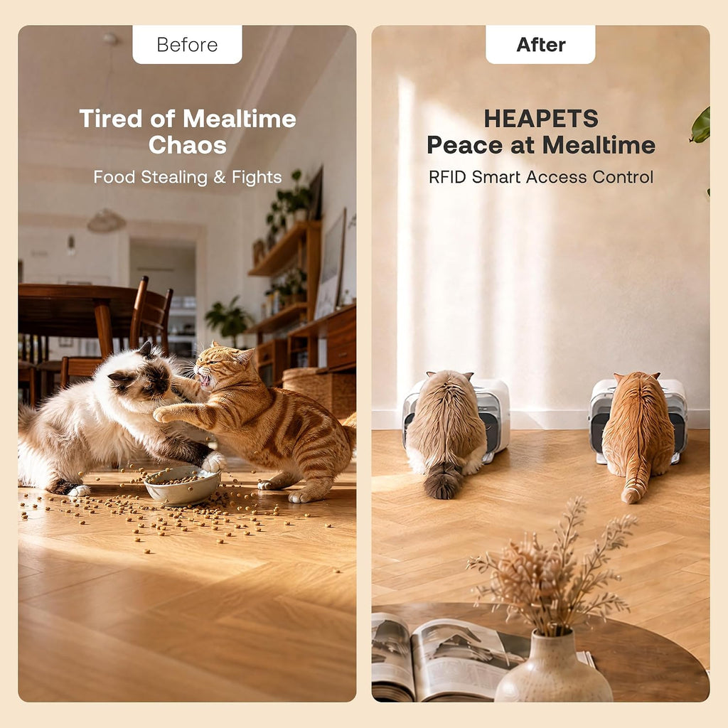 HEAPETS RFID Automatic Cat Feeder with Collar Sensor, Anti-Stealing Food Dispenser with Sealed Lid for Wet Dry Food and Different Diet for Multi-Pet Home, Auto Pet Feeder for Cats, White