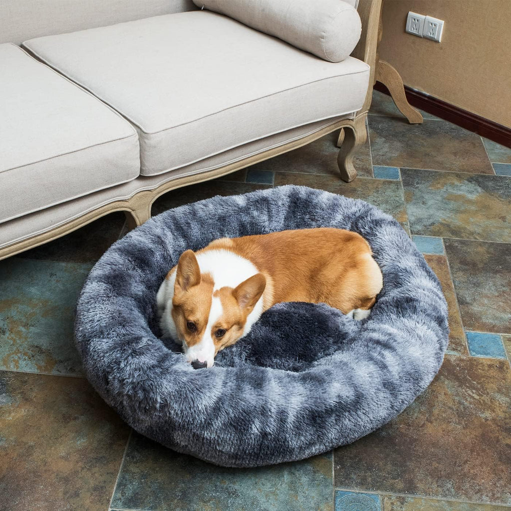 Coohom Oval Calming Donut Cuddler Dog Bed,Shag Faux Fur Cat Bed Washable Round Pillow Pet Bed(30"/36") for Small Medium Dogs (XXL(43"x34"x8"), Grey2021)