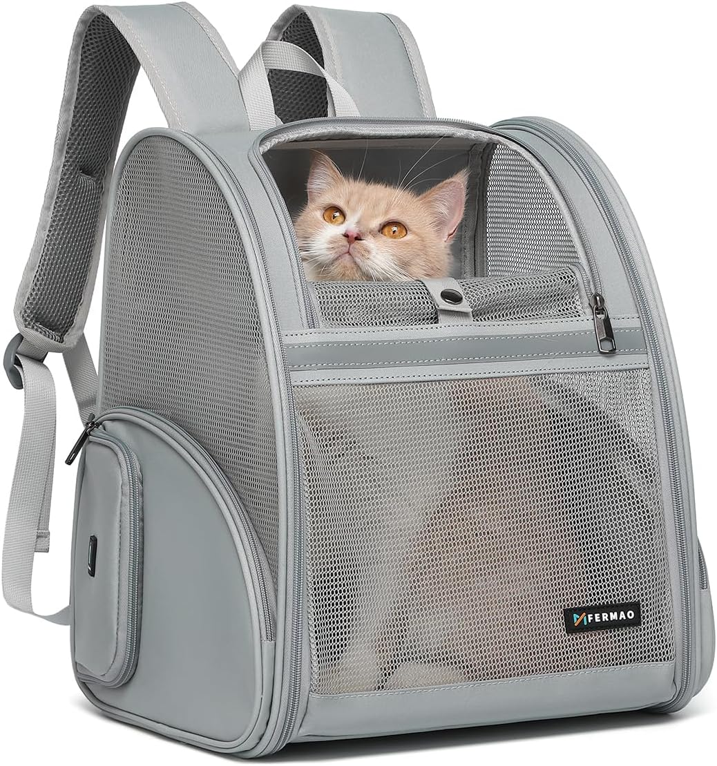 Cat Backpack Carrier for Small Dogs and Medium cat Puppy Kitten Bunny Pet Carrier Backpack Collapsible with Fully Ventilated Mesh with Safety Leash (Gray, 12.9" L x 10.62" W x 15.5" H - M)