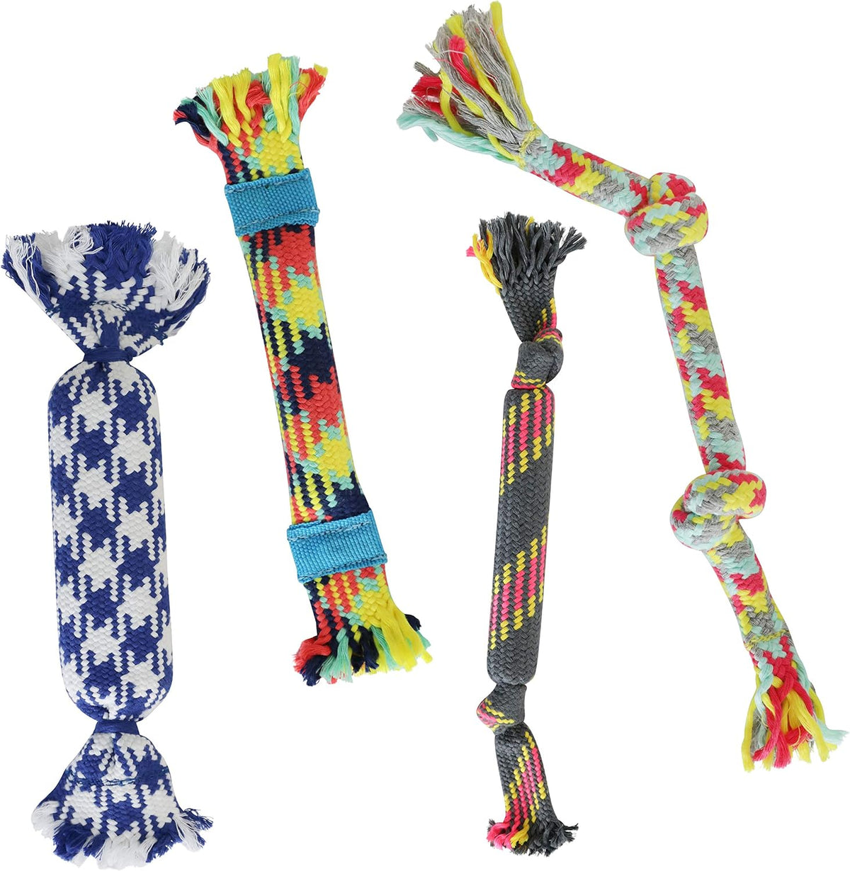 rocket & rex Puppy Tug Rope Toys for Small Dogs, Teething (4pk) | For small breeds & puppies. Includes crackle, rubber-interior & squeaker rope toys. Reduces anxiety & chewing.