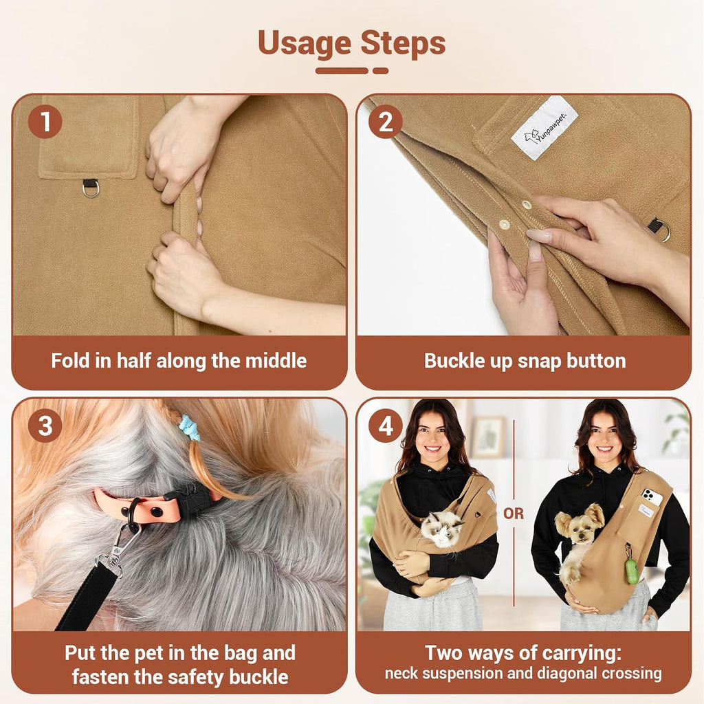 Dog Carrier Sling,Indoor Comfort Adjustable Cat Sling Carrier,with Front Pocket and Seat Belt Dog Carriers for Small Dogs Machine Washable,Suitable for Family Outdoor Use (Medium, Khaki)