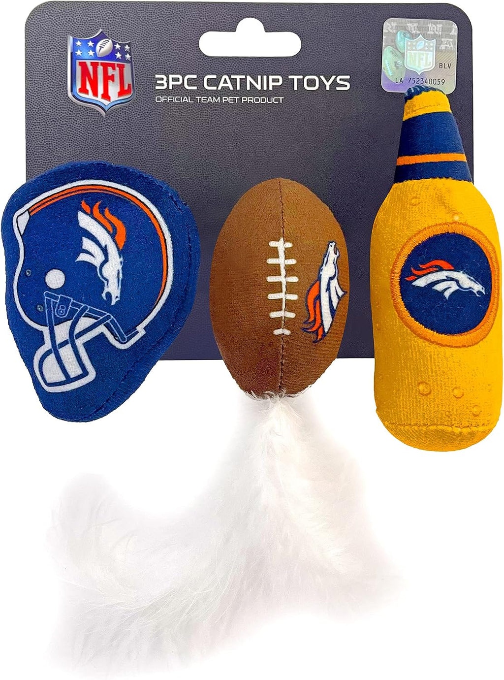 Best Plush CAT Toy - NFL Denver Broncos Complete Set of 3 piece Cat Toys Filled with Fresh Catnip. Includes: 1 Helmet Cat Toy, 1 Football Cat Toy with Feathers & 1 Beer Bottle. Beautiful Team Logos