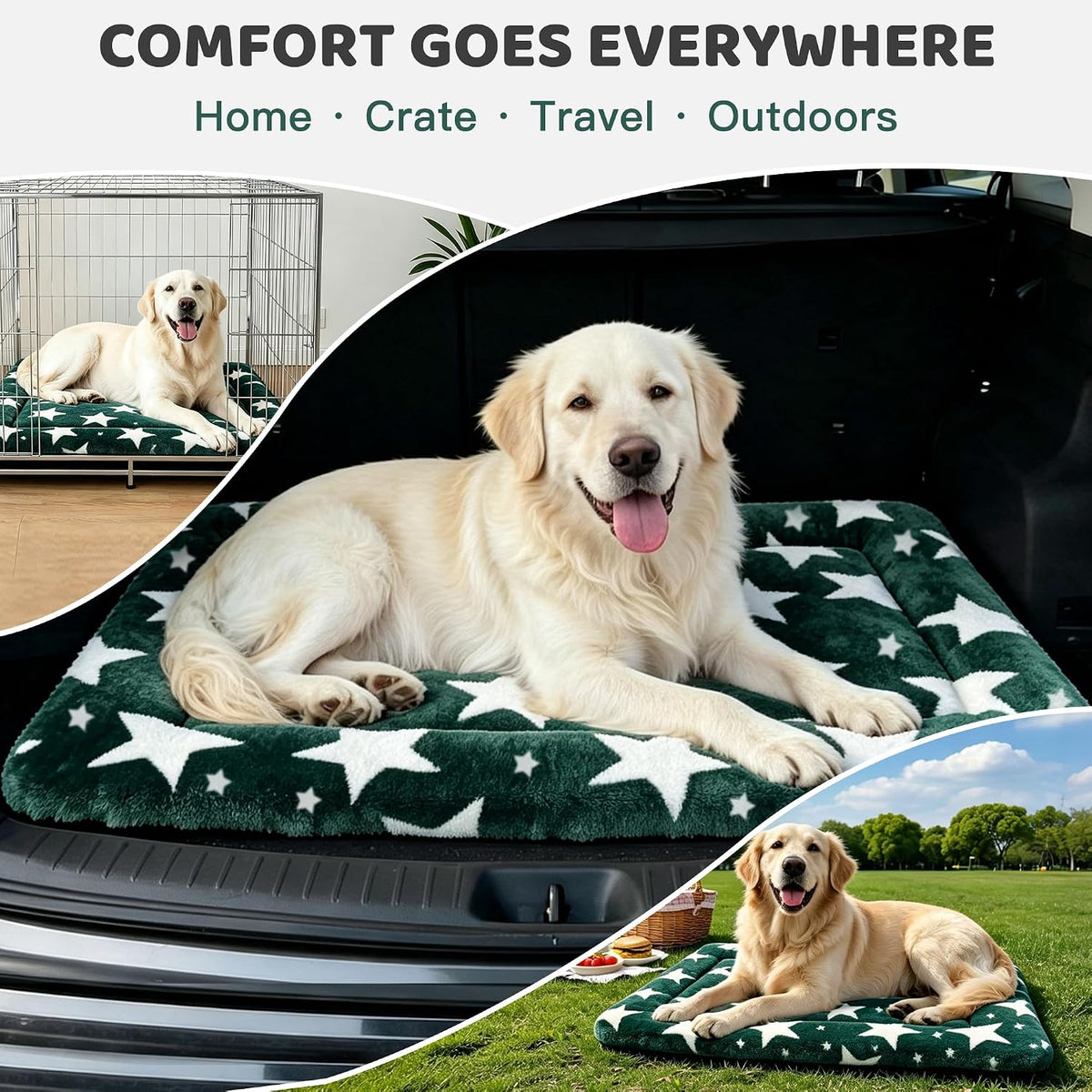 Dog Bed Mat, Reversible Crate Pad & Durable Dog Bed - Machine Washable Kennel Mat with Ultra Soft for Large Dogs (Big&Small Stars Green, 35" L*23" W*1.5" Th)