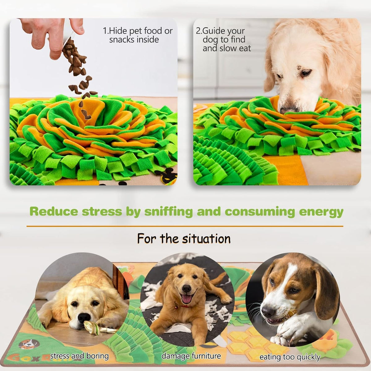 Snuffle Mat for Dogs 40'' X 27'' Large Dog Feeding Mats Pet Sniff Nosework Slower Feeder Interactive Dog Mat for Stress Relief Encourage Natural Foraging (Orange)
