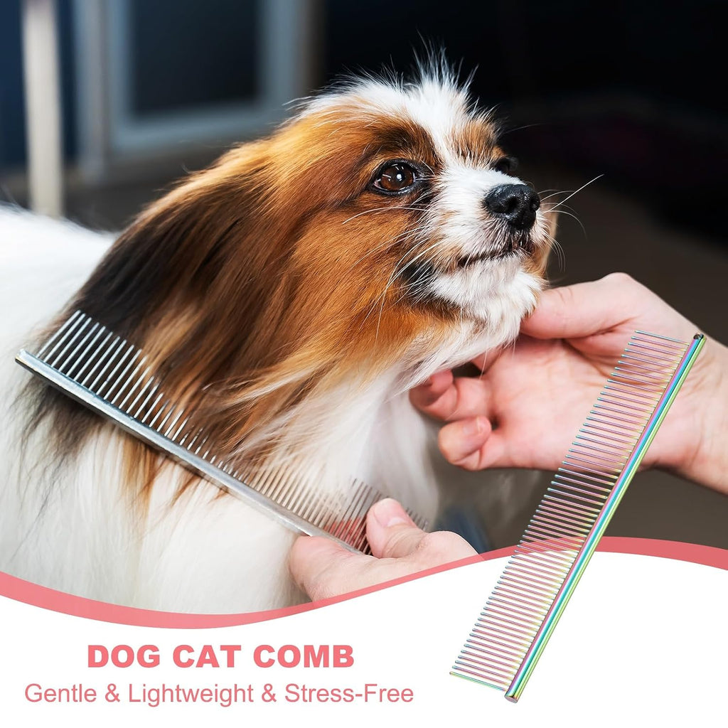 Dog Cat Comb, Pet Combs Stainless Steel Teeth with Rounded Ends for Knots Mats Loose Hair Removal, 7.5IN (Colorful Plated, 3 Pack), Grooming Tool Intended for Long Curly Hair Pet