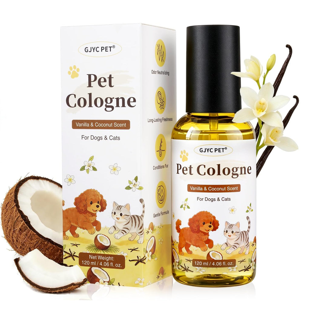 Dog Perfume & Cologne Spray – Long-Lasting Vanilla Coconut Scent, Alcohol-Free Deodorizing Spray, Gentle Grooming Mist, Fur Condition & Coat Fresh, Non-sticky, Dogs & Cats, 4.06 fl.oz