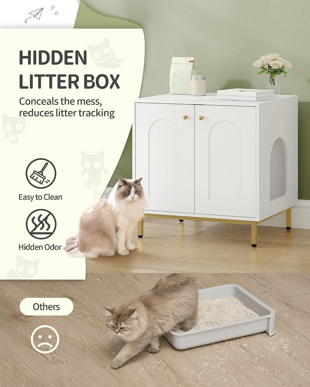 Hzuaneri Cat Litter Box Enclosure, Hidden Litter Box Furniture, Sisal Mat | Wooden Indoor Cat Cabinet, Modern Cat Washroom, Side End Table, for Living Room, Bedroom, White and Gold CB81203G