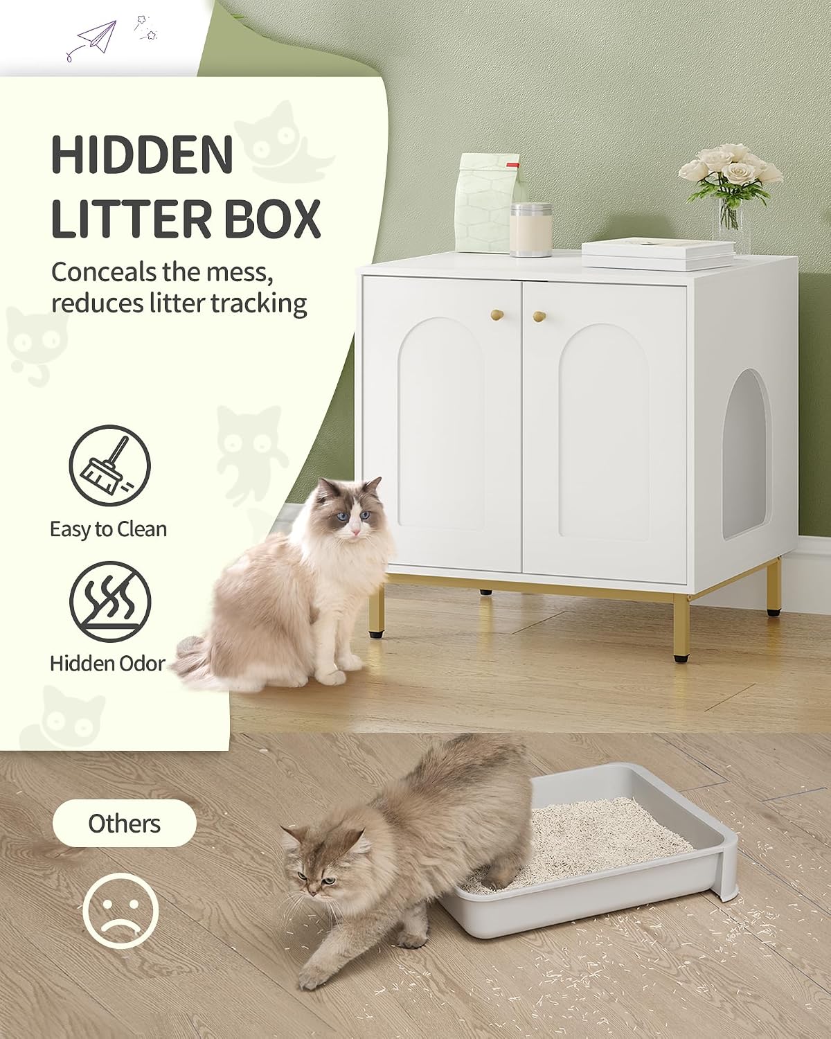 Hzuaneri Cat Litter Box Enclosure, Hidden Litter Box Furniture, Sisal Mat | Wooden Indoor Cat Cabinet, Modern Cat Washroom, Side End Table, for Living Room, Bedroom, White and Gold CB81203G