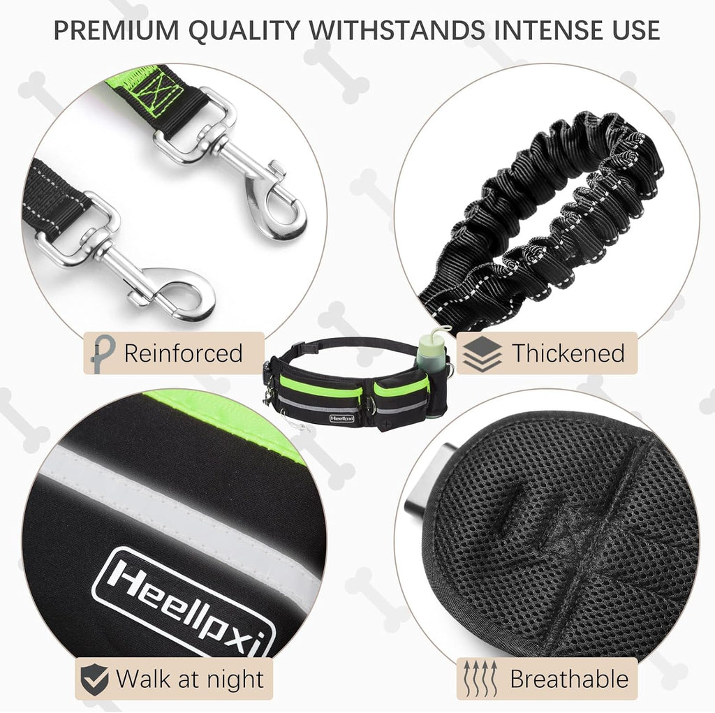 Hands-Free Waist Leash with Pouch for Two Dogs: Reflective Stitching, Dual Handle & Bungee Retractable Design – Ideal for Medium to Large Dogs (Green) – Dog Walking Accessories