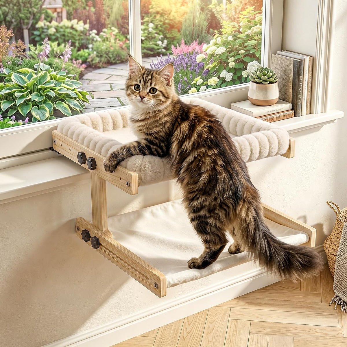 XiaZ Cat Perch for Window Cats Hammock Indoor Bed for Window Adjustable Wooden Frame Bird Watching Sunbathing Space-Saving Double Layer 18 * 16 * 10inch (Small Breeds Recommended)