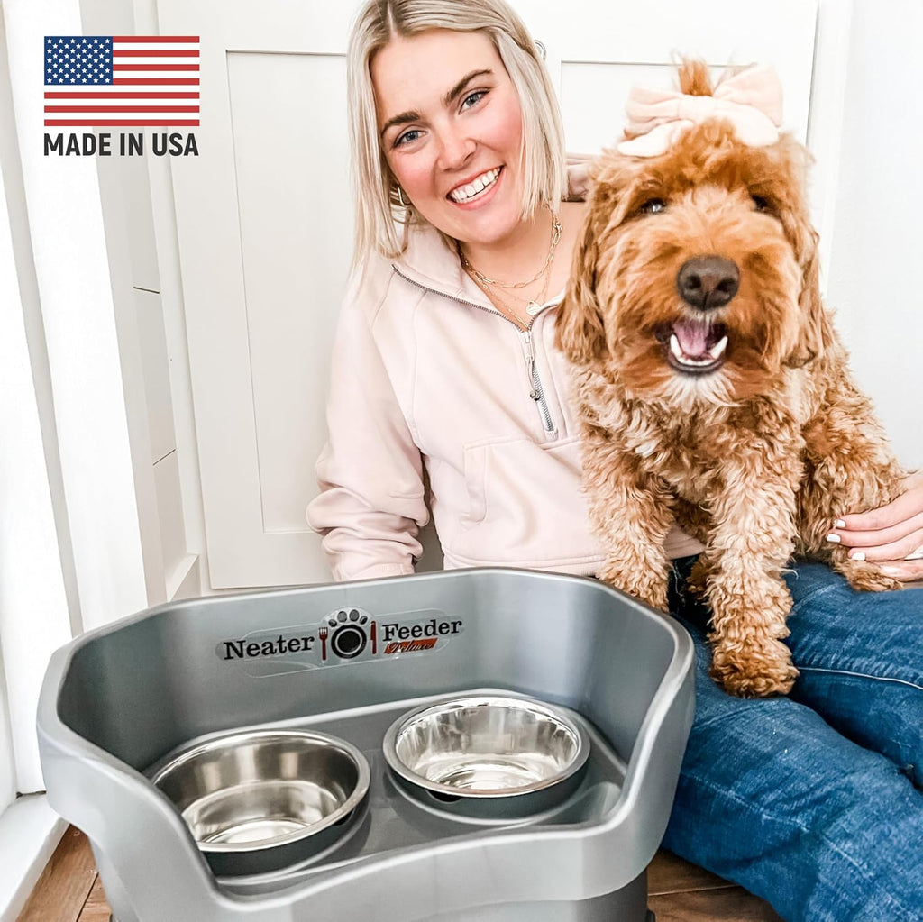 Neater Pet Brands Neater Feeder Deluxe Mess Proof Dog Bowls Elevated for Medium Dogs 19-40 lbs, Made in USA, No Spill Raised Dog Food Bowl Stand Feeding Station, Food and Water Bowl Set, Gunmetal 