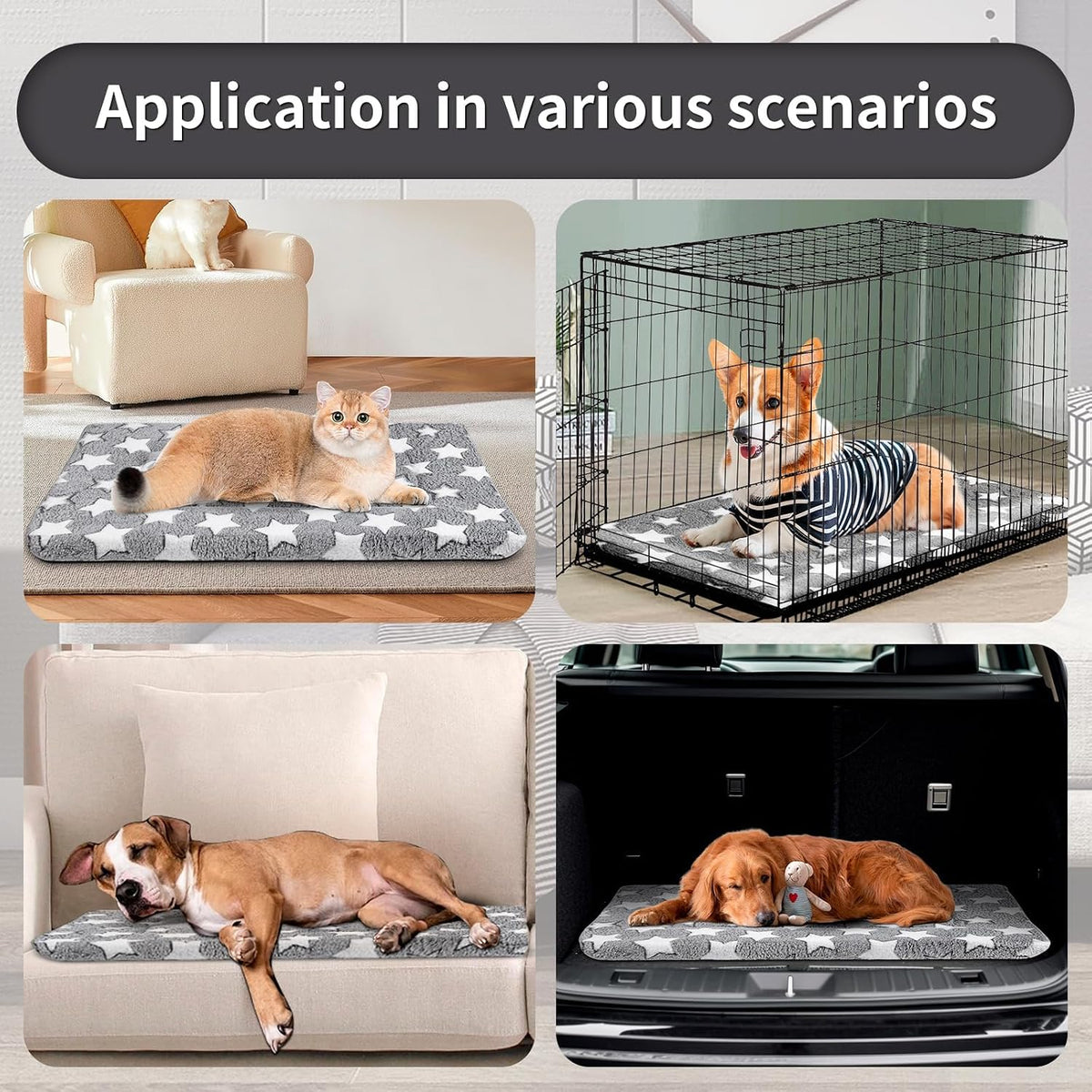 Dog Crate Mats, Dog Bed Mat, Cat Mat - Short Plush Pet Mat Crate Pad for Small Dogs, 1.6-inch Thick Thin Dog Mat, Machine Washable (Grey Star, 30.0" L x 20.0" W x 1.6" Th)