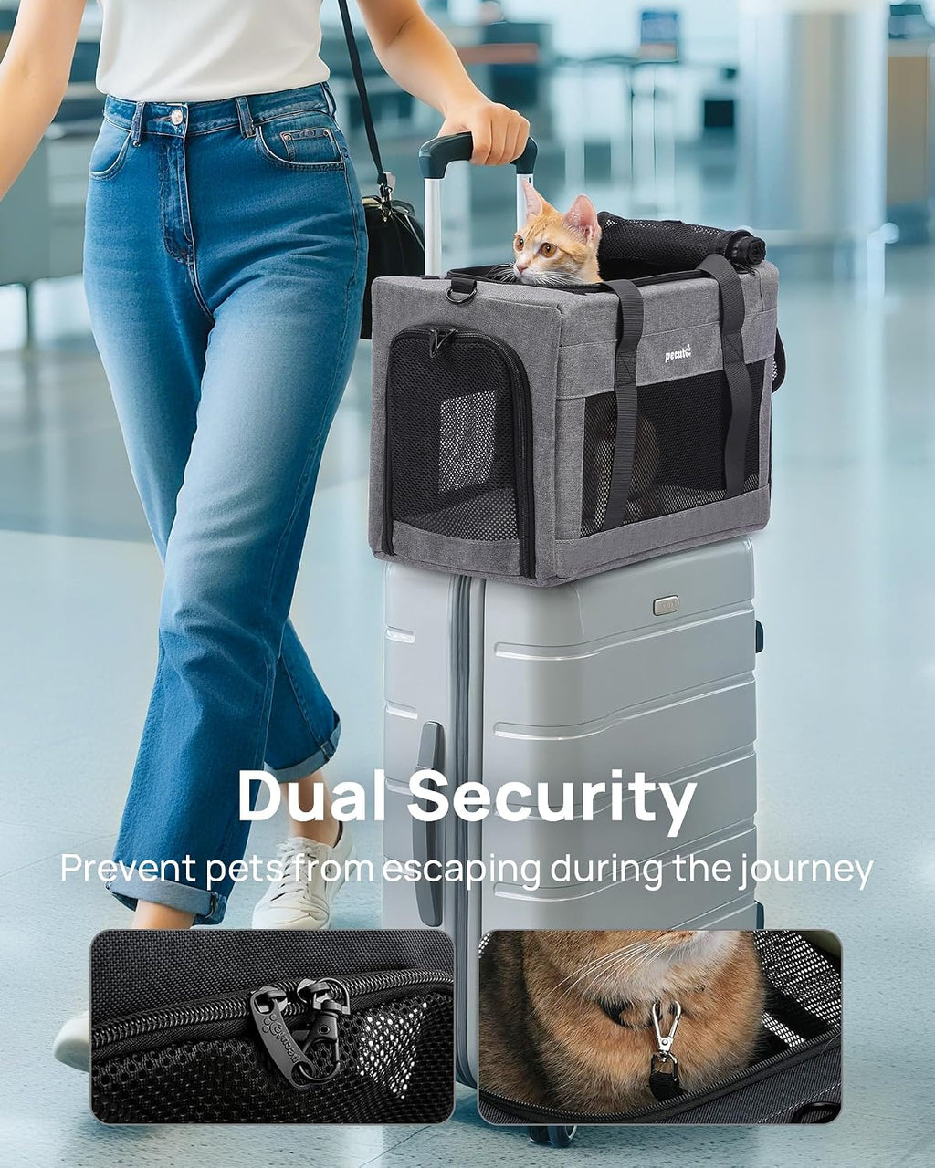 Pecute Airline Approved Cat Carrier, Pet Carrier Soft-Sided, Portable Dog Carrier with Stable Structure, TSA Approved Pet Carrier for Pets Less Than 12lbs, Cat Carrier Bag Suitable for Travel, Gray