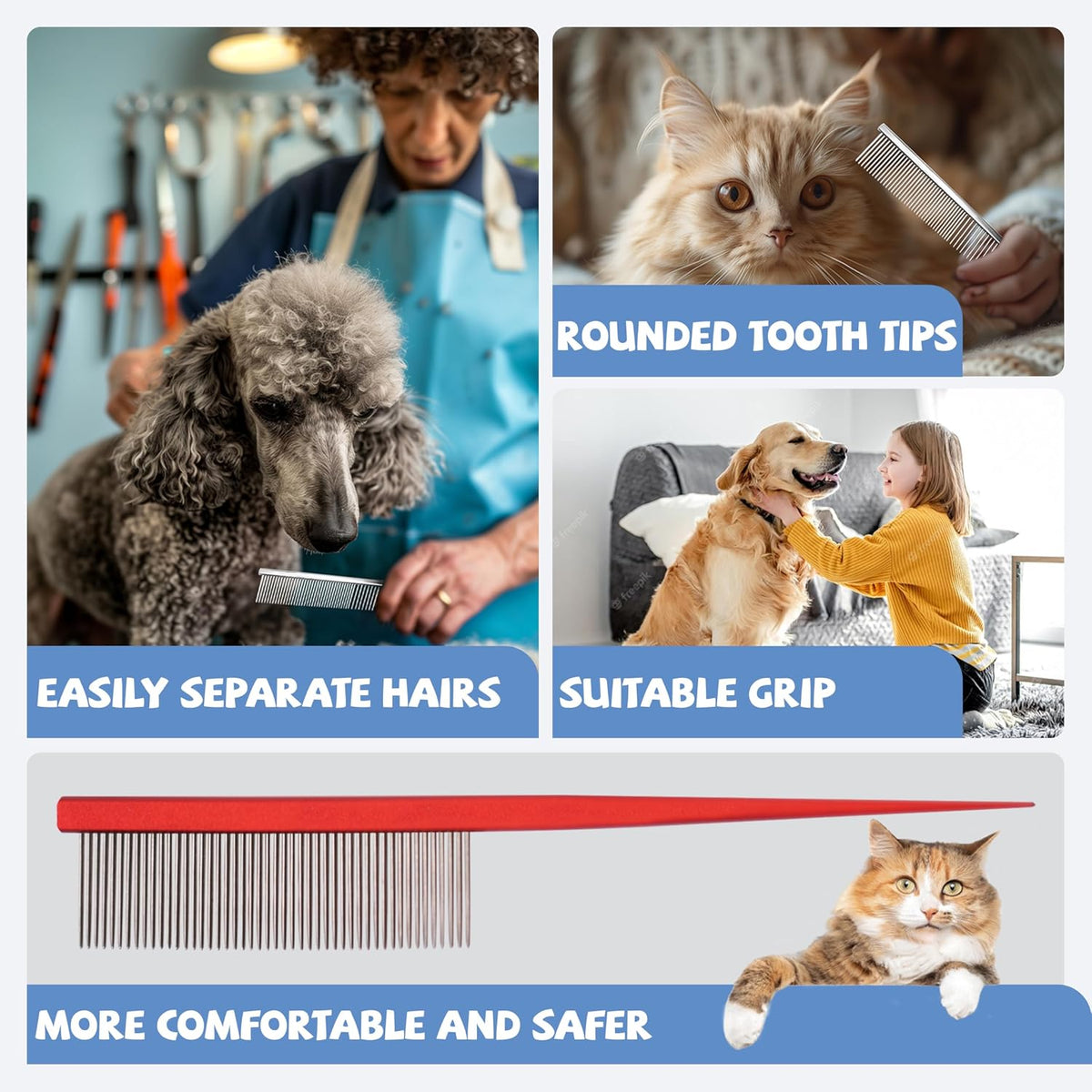 Grooming Pet Comb Rat Tail Dematting Cat and Dog Comb，Rounded Ends Design for Safe Tangle Removal, Hairstyling, Massage，Loose Hair Removal，Prevent Irritation，Fluffing Paws,Face,Tail,Remove Tear Stain
