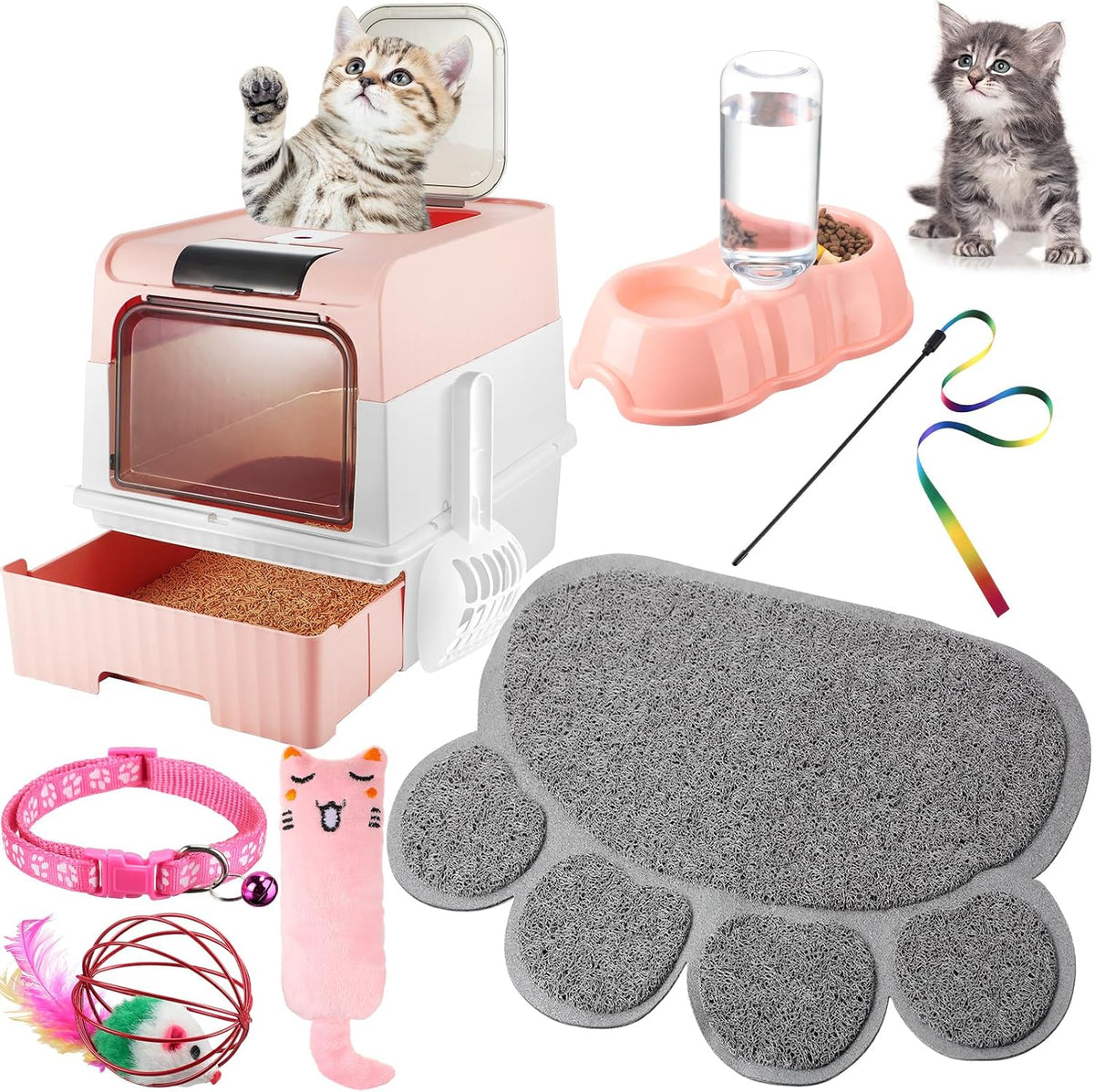 Tioncy 7 Pcs Kitten Litter Box Starter Kit, Enclosed with Shovel, Pink