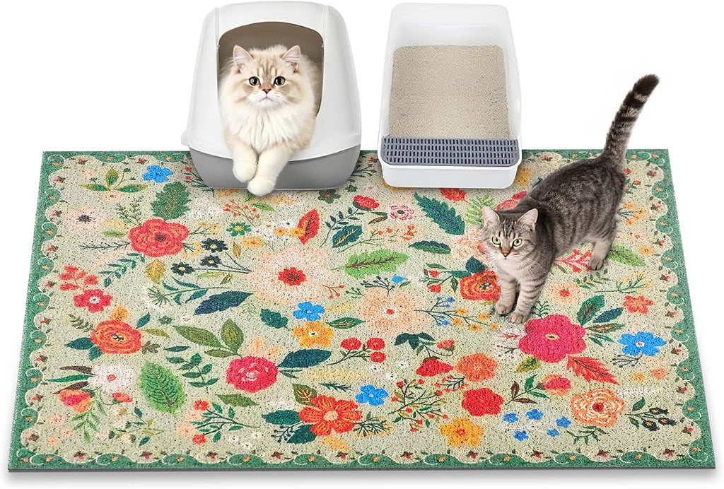 Cat Litter Mat, 35" x 23" Litter Box mat, Upgrade Non-Slip Kitty Litter mat, Traps 100% Litter, Soft on Kitty Paws, Easy Clean for Scatter Control, Bohe cat Food mat, Urine Waterproof | Traps 100% Litter, Cute litter mat for litter box, Soft on Kitty P...