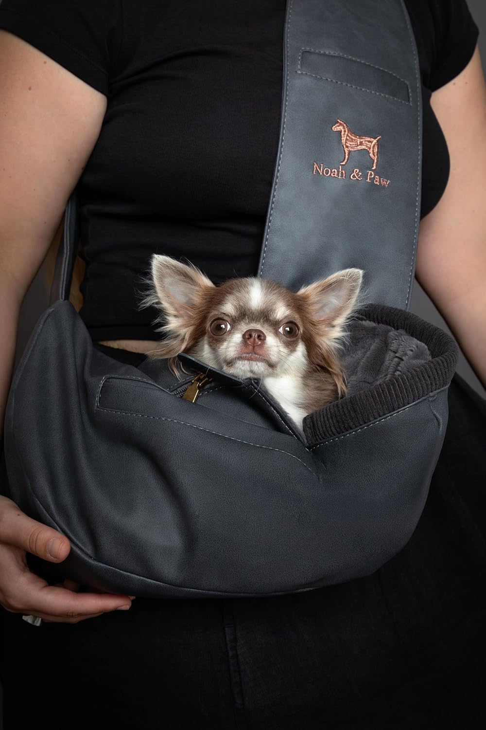 Noah & Paw Dog Sling Carrier for Small Dogs 3-10lb, Dog Sling for Small Dogs and Cats, Dog Carrier with Adjustable Padded Strap, Vegan Leather Lined with Fur, 3X Safety Features, Machine Washable