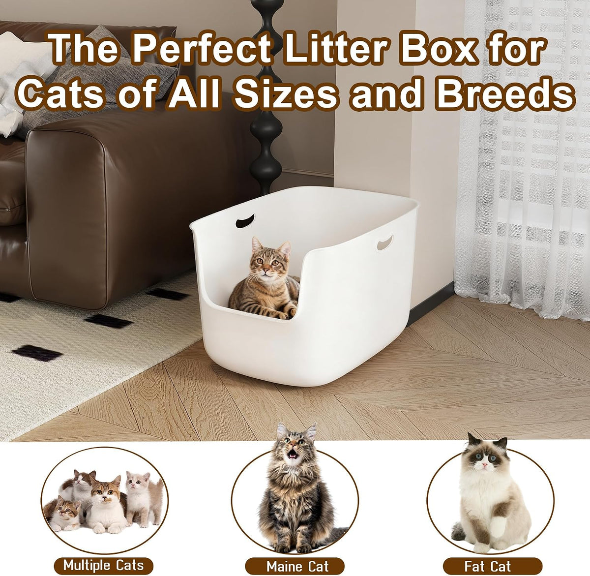 Jumbo Extra Large Cat Litter Box - High Sided Low Entry Open-Top Anti-Splash Pan for Multiple Cats, Kittens & Senior Cats, 22.6"x15.4"x13.9", White