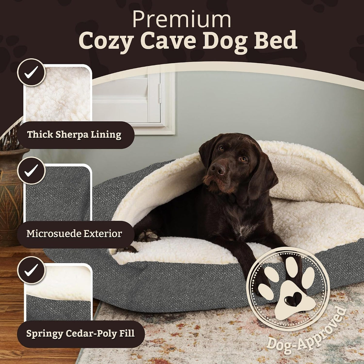 Snoozer Rectangle Cozy Cave Dog Bed, Hooded Dog Bed, Merlin Pewter (XL)
