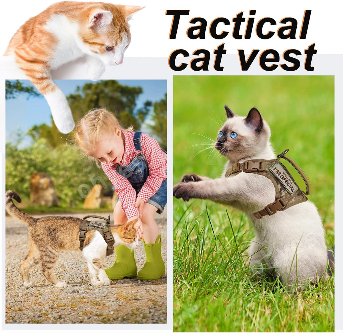 Tactical Cat Harness for Walking Escape Proof, Soft Mesh Adjustable Pet Vest Harness for Large Cat,Small Dog (L, Khaki)