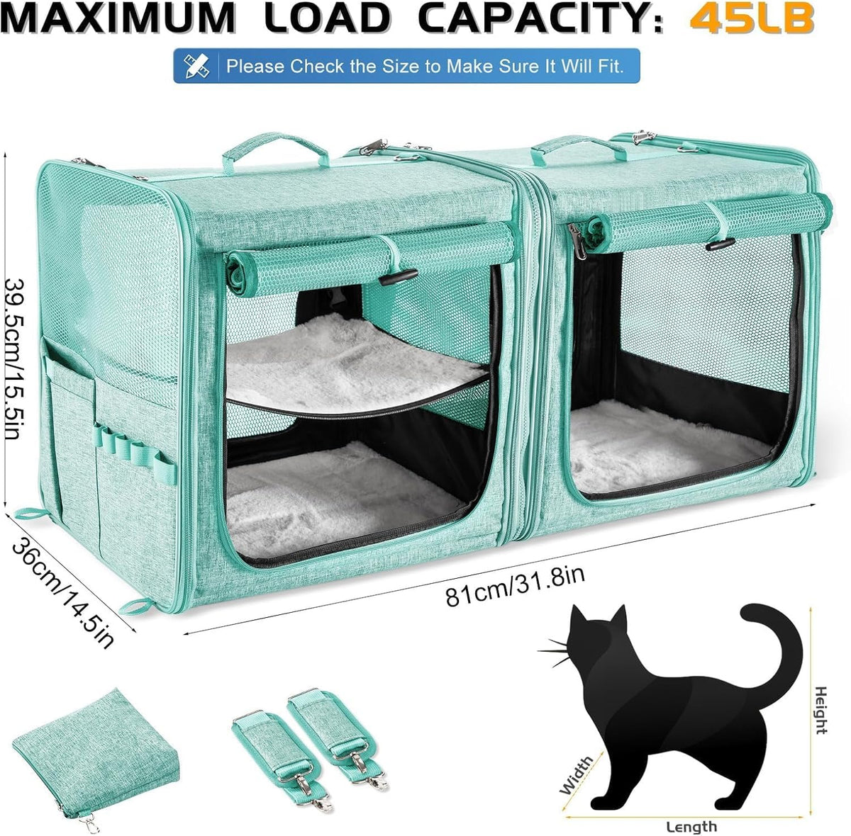 Extra Large Cat Carrier for 2 Cats with Travel Litter Box, 2-in-1
