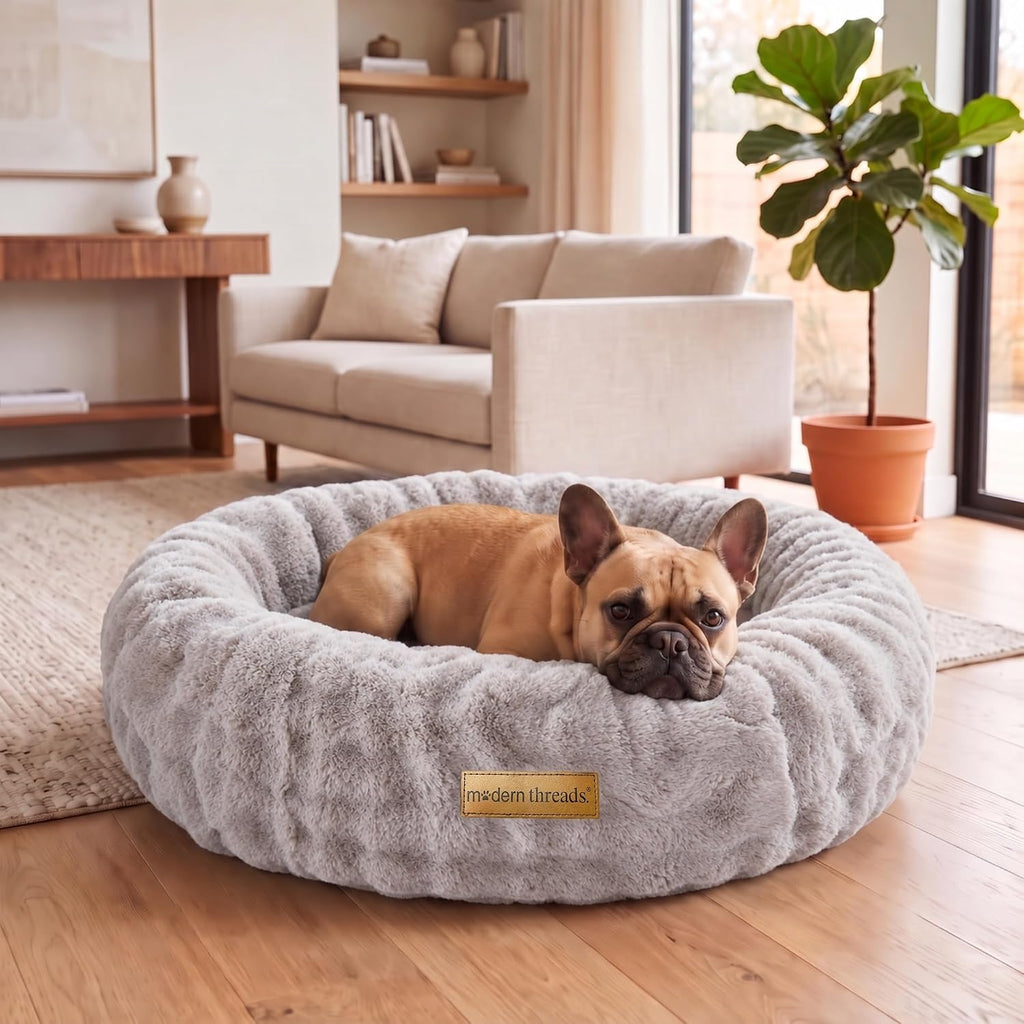 Modern Threads Calming Donut Dog Bed for Medium Dogs, Plush Round Faux Fur Pet Bed with Raised Bolster, Soft Washable Dog Bed, 30x30x9, Gray