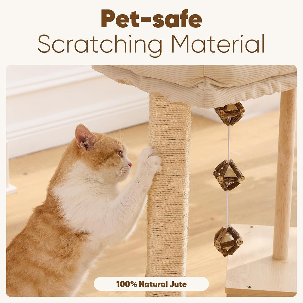 FUKUMARU Retro-Modern Cat Tree, Small Wooden Cat Tower with Post and Condo
