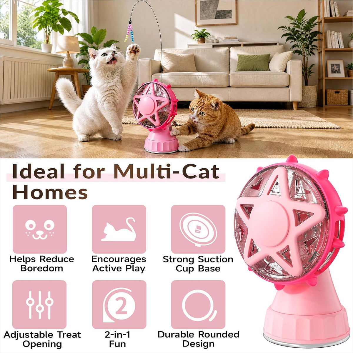 2-in-1 Interactive Cat Toy - Treat Dispenser & Teaser (Pink)