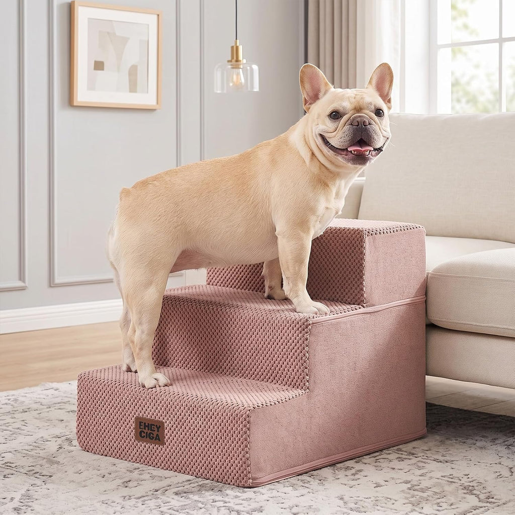 EHEYCIGA Dog Stairs 13.5" H, 3-Step Extra Wide Dog Steps, Pink