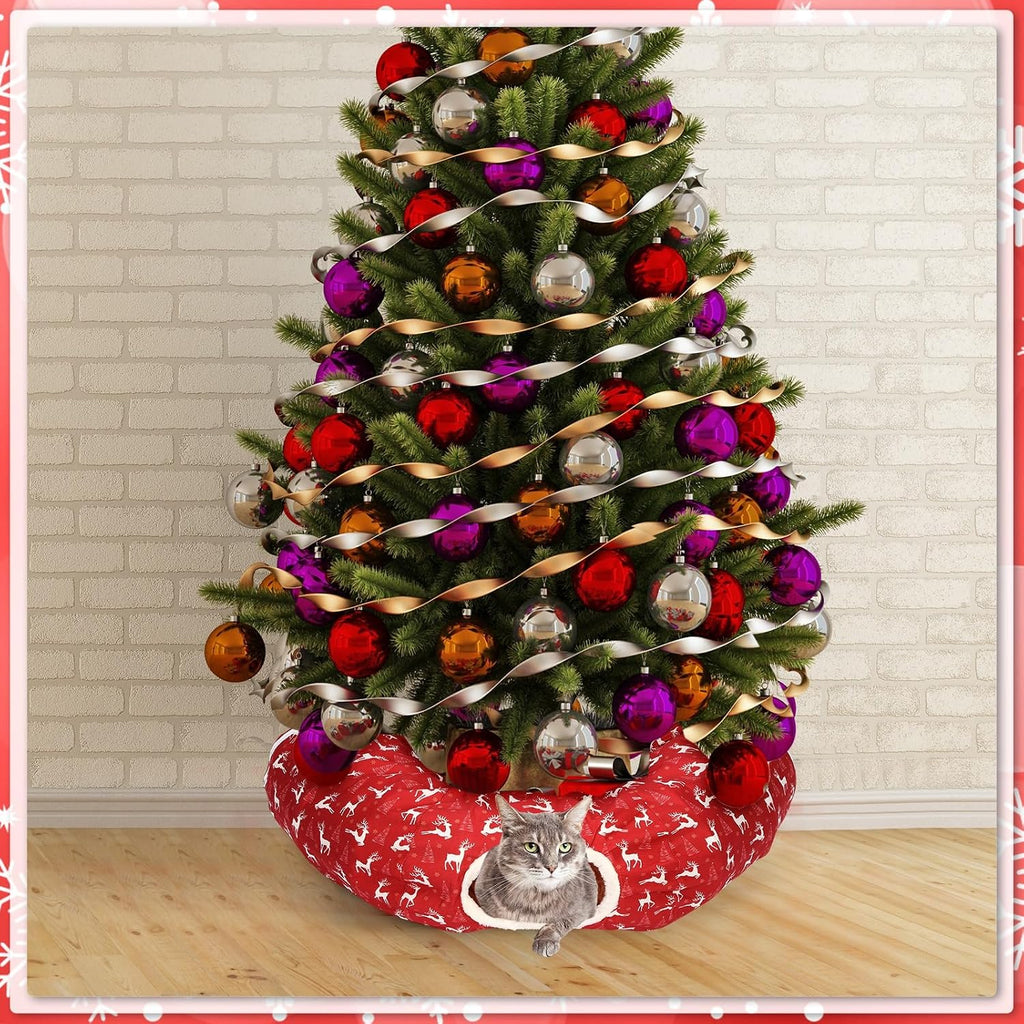 Cat Tunnel Christmas Tree Skirt Cat Bed Indoor 3 ft x 3 ft x 10 Inch Kitten Donut Tunnel with Ball Peekaboo Cave Pet Bed Round Hideaway Holiday Cave Circle Pets Gift(Elk)