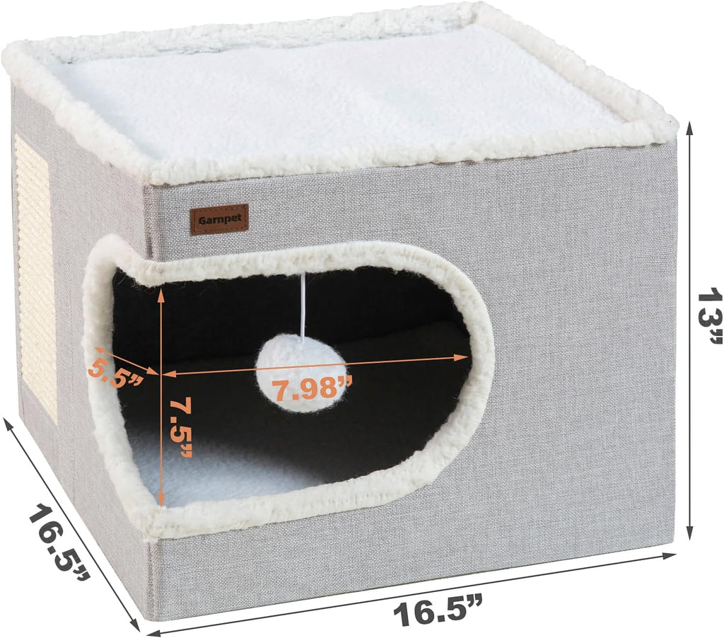Garnpet Cat Bed for Indoor Cats Cube House, Covered Cat Cave Beds & Furniture with Scratch Pad and Hideaway Tent, Cute Modern Cat Condo for Multi Small Pet Large Kitten Kitty, Grey
