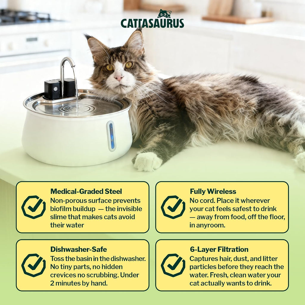 Cattasaurus 135oz Wireless Cat Water Fountain, 304 Stainless Steel Automatic Water Dispenser for Cats, Ultra Quiet, Smart Sensor, 6-Layer Filtration (White, Fountain + 2 Filters (2-Week Supply))