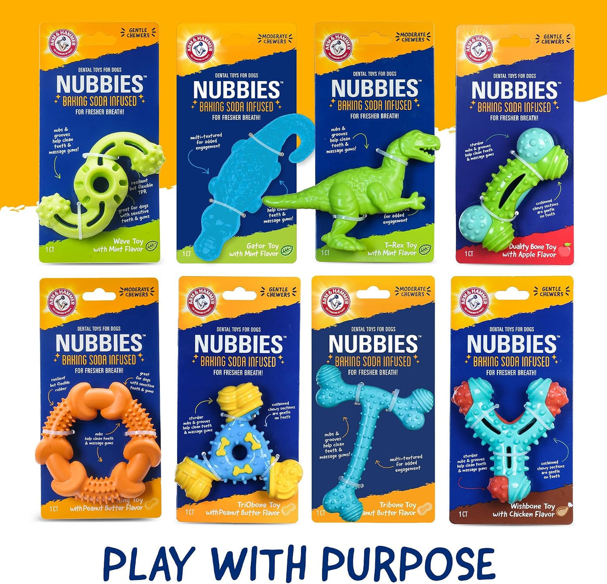 Arm & Hammer Nubbies T-Bone Dental Dog Chew Toy, Peanut Butter, 24-Pk | Durable nylon and TPR nubs clean teeth and gums, built for aggressive chewers