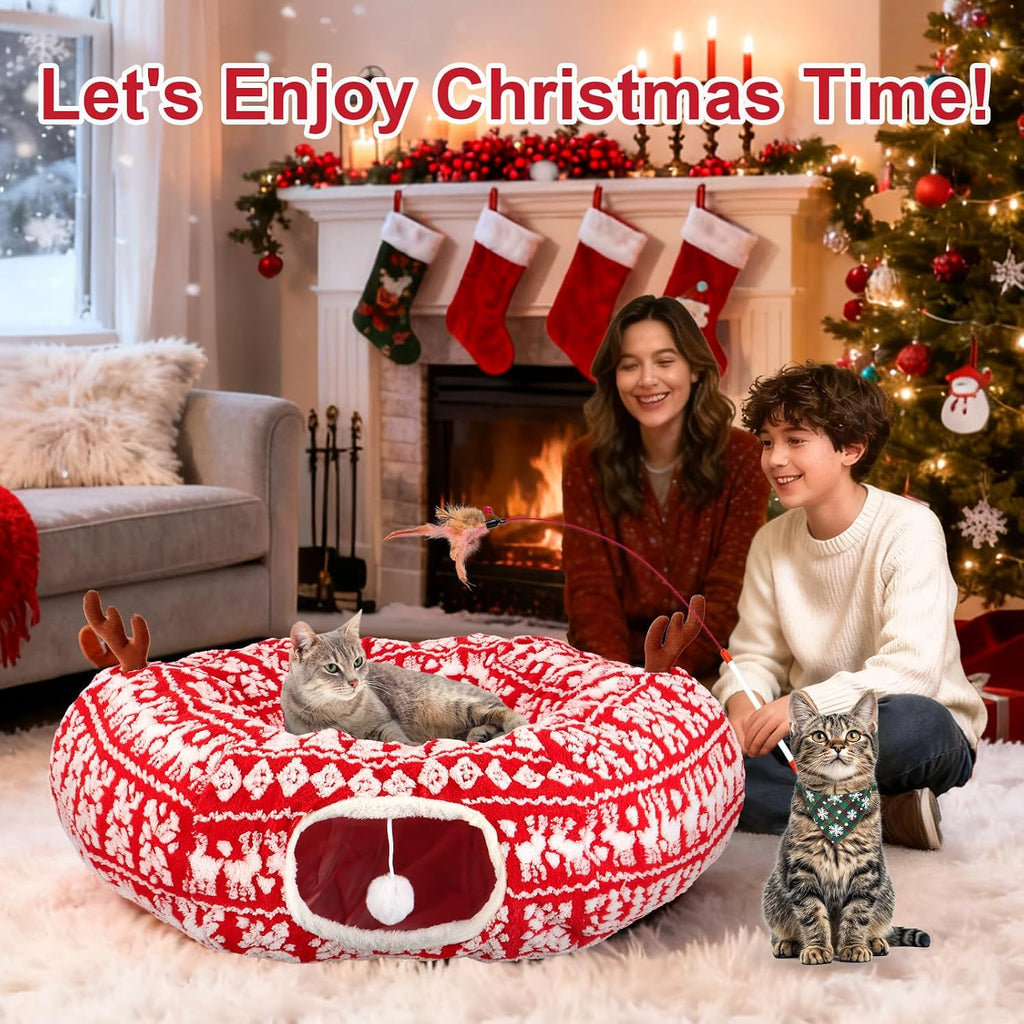 Cat Tunnel Bed Under Christmas Tree 35.4" Festive Circle Cat Tunnel with Feather Toys Adjustable Bibs Foldable Holiday Decorative Pet Cave for Indoor Cats Small Animals Fits Under Tree Skirt