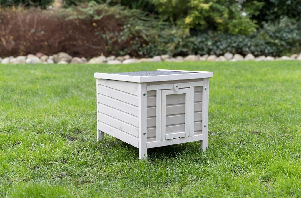 Trixie Outdoor Cat House, Weatherproof Cat Home with Raised Floor, Hinged Asphalt Roof & Covered Opening, Small Outdoor Shelter for Cats and Small Animals, Gray Fir Wood