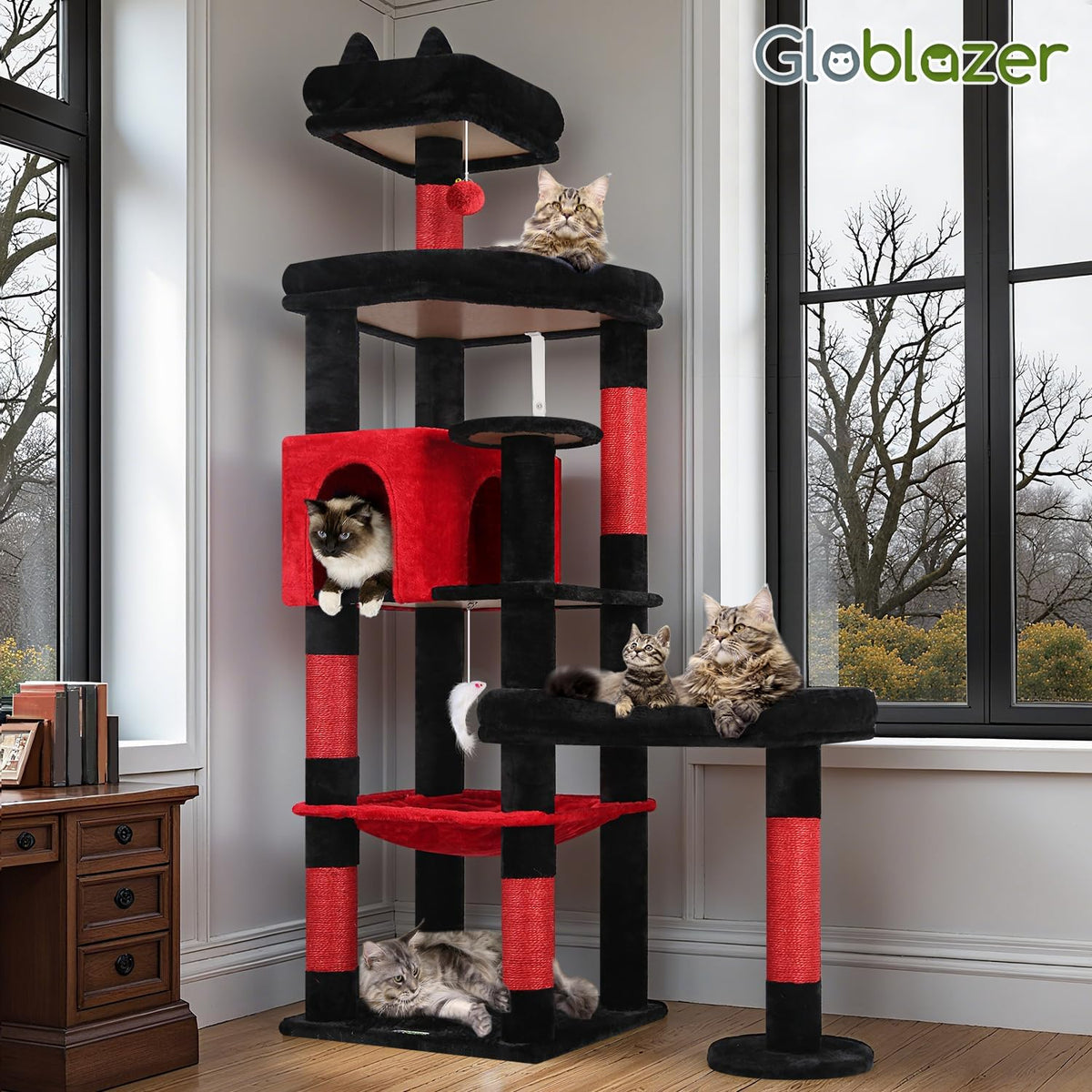 Globlazer 65in Gothic Sturdy Cat Tree for Indoor Large Cat, S65, Black Red