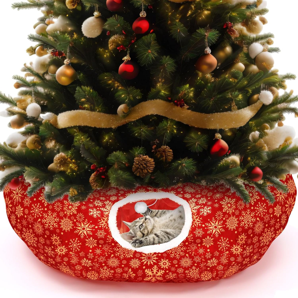 Snowflake Cat Tunnel Bed Under Christmas Tree 36'' Kitten Circle Donut Tunnel Skirt with Ball Mat Decorative Xmas Folding Home Kitty Guard Tube Holiday Party Indoor Pet(Red Gold)