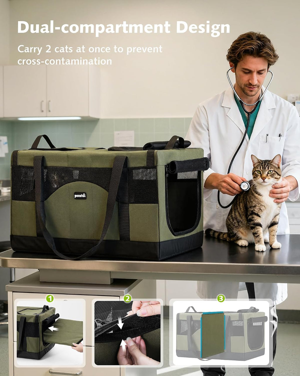Pecute Large Cat Carrier, Soft Double Pet Crate for 2 Cats Travel, Green