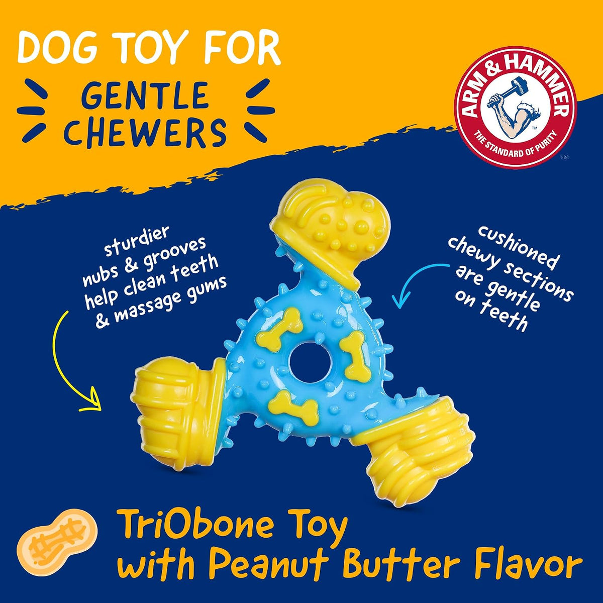 Arm & Hammer Nubbies TriBone Dental Dog Chew Toy, Peanut Butter Flavor | Nylon and TPR construction, baking soda infused, reduces plaque and tartar buildup, ideal for moderate chewers