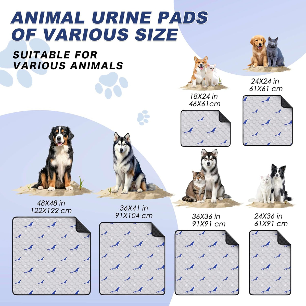 Washable Dog Pee Pads, Non-Slip Waterproof, 24 x 36 in, 2 Pack, Dolphin | Super absorbent, waterproof and non-slip; washable, reusable dog pads for crates, playpens, floors, furniture and travel