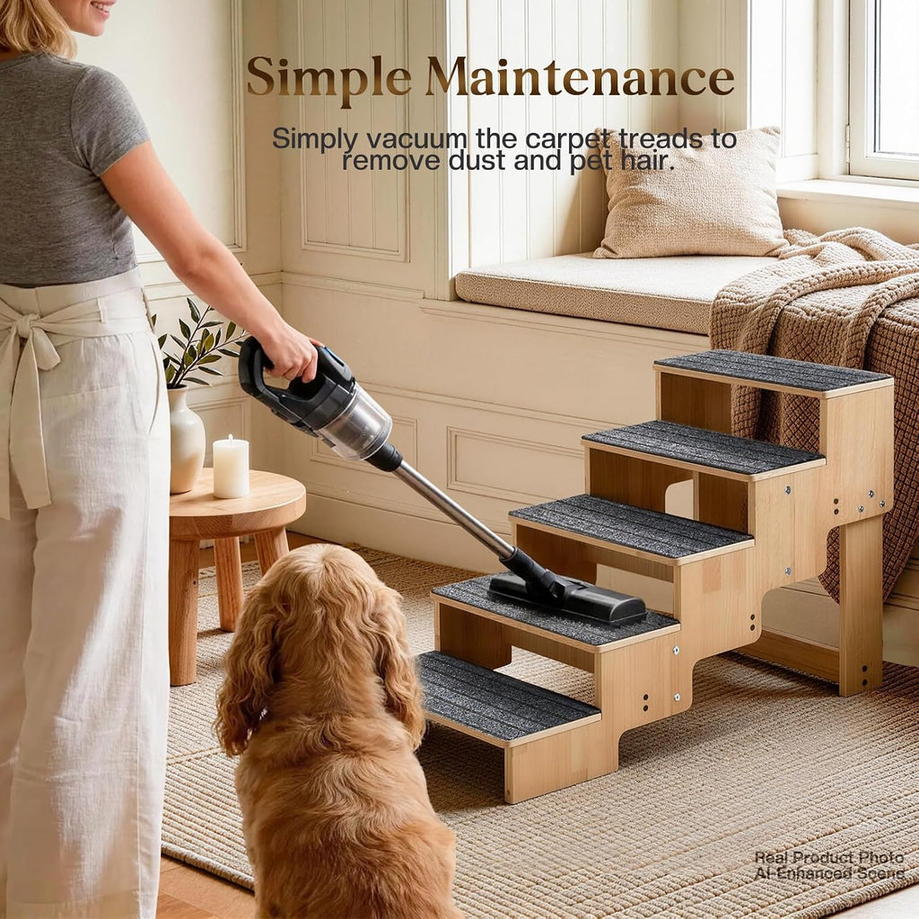 5-Step Wooden Dog Steps for Bed, Anti-Slip Dog Stairs with Carpet Pads, 23.6 Inches Pet Ramp for Dogs to Get on Bed, Pet Stairs for Old & Senior Dogs/Cats, Pet Steps Ladder for High Beds/Couch Sofa