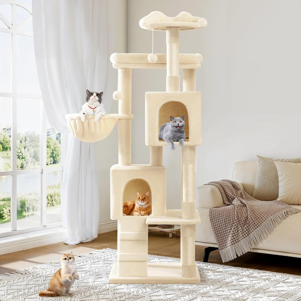 Allewie 64 Inches Multi-Level Cat Tree Tower for Indoor Cats, Beige
