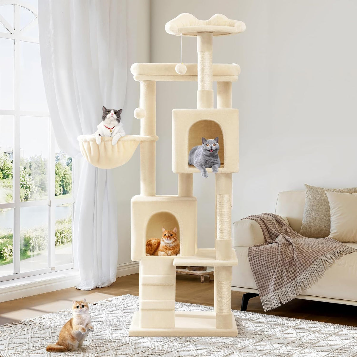 Allewie 64 Inches Multi-Level Cat Tree Tower for Indoor Cats, Beige