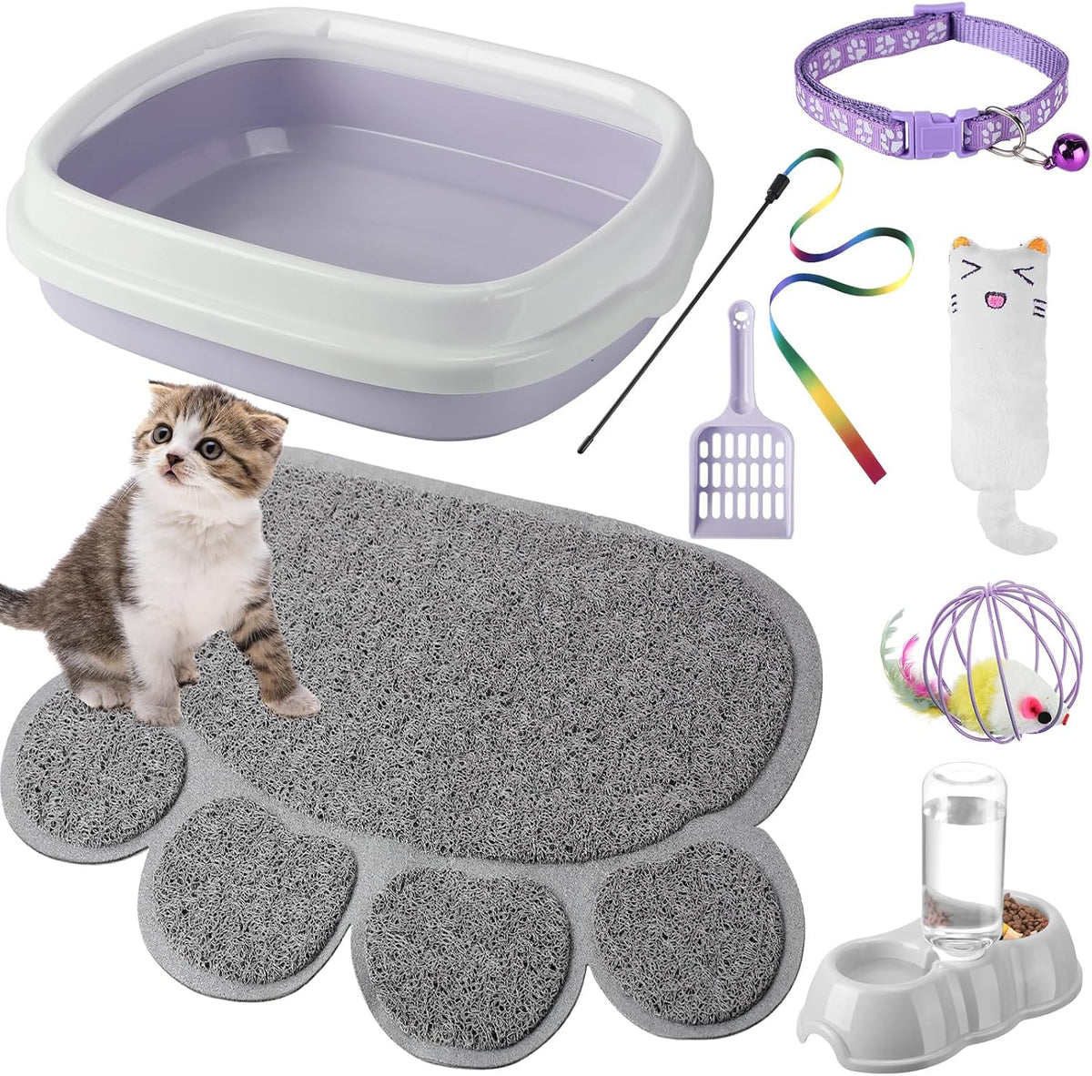 Tioncy 7 Pcs Kitten Litter Box Starter Kit with Mat, Stylish, Purple