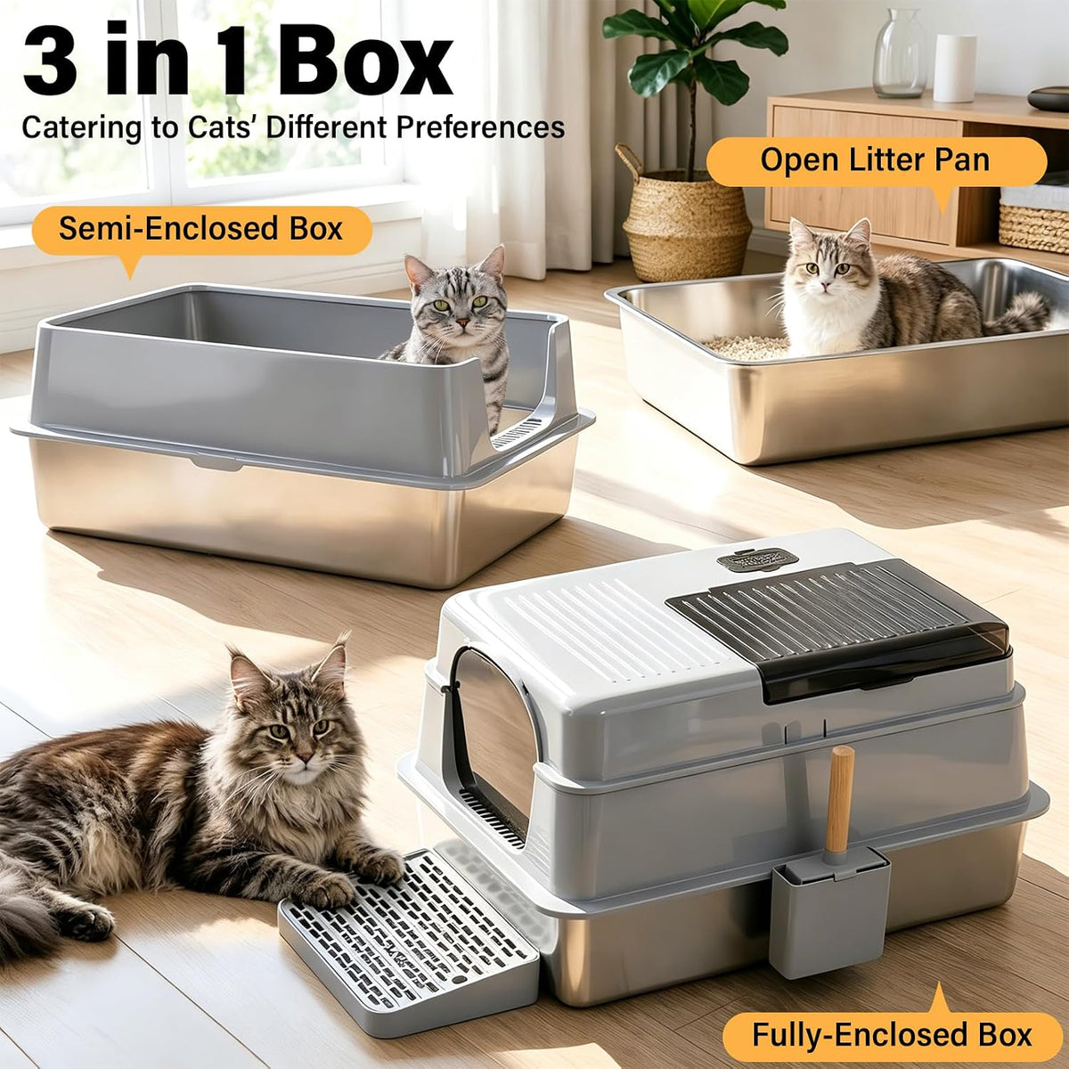 Stainless Steel Litter Box with Lid XXXXL,Metal Cat Litter Box | 3IN1 High Sides Covered for Big/Multiple Cats,Indoor,1-Mat and 1-Scoop,Easy to Clean, No Odor,Anti-Urine Leakage