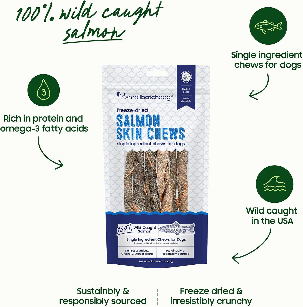 smallbatch Wild-Caught Freeze Dried Salmon Fish Skin Chews for Dogs, 2.5oz