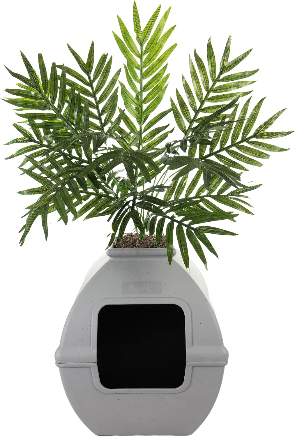 Good Pet Stuff Courtyard Hidden Litter Box Planter, Decorative Cat Litter Enclosure with Carbon Filter, Artificial Palm Plant, Square Design, Easy to Clean, Base Kit, Stone Gray