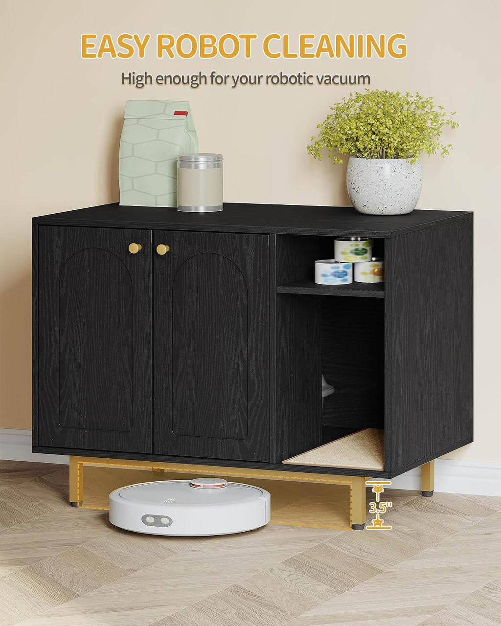 Hzuaneri Cat Litter Box Enclosure, Hidden Litter Box Furniture with Storage | Large Wooden Cabinet with Sisal Mat, Modern Cat Washroom for Living Room, Bedroom, Entryway, Black and Gold CB01504G