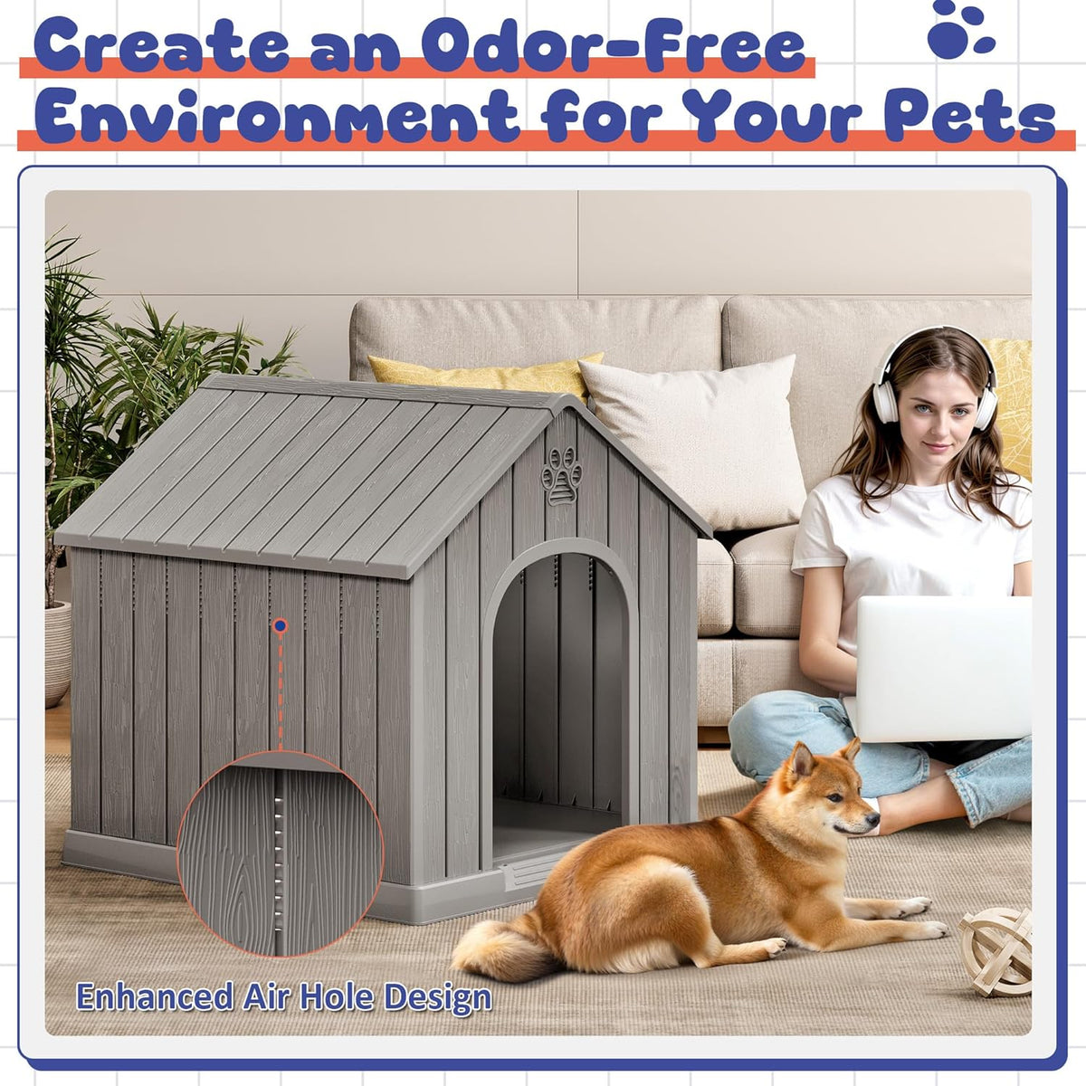 Bifanuo Outdoor Indoor Dog House for Small & Medium Dogs - Weatherproof Shelter with Elevated Floor, Hidden Vents & Tool-Free Assembly (Classic Grey, 26" L x 23.6" W x 25.8" H)